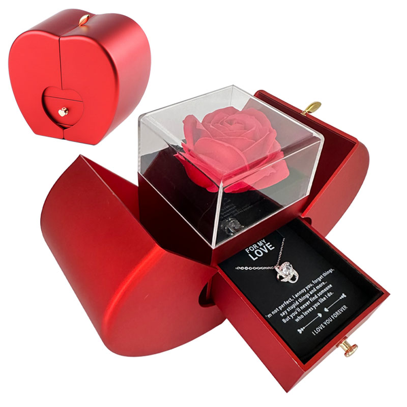 Cofanetto Mela con Rosa Eterna + Collana Quadrifoglio — Idea Regalo