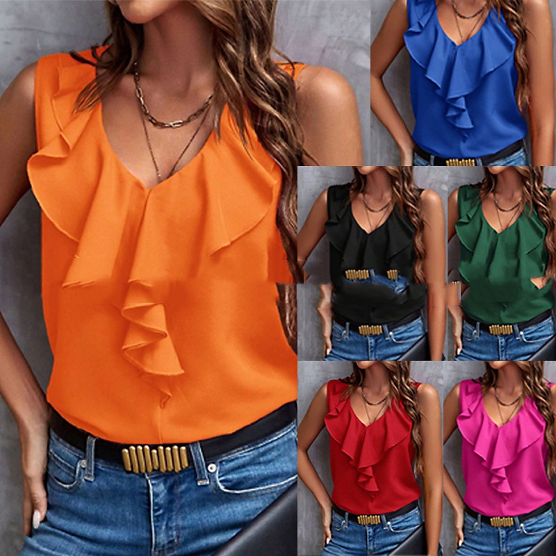 Top Smanicato Scollo a V con Pizzo — Estivo